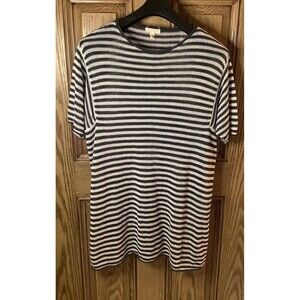 Eileen Fisher Knit Dress L Black White Striped Organic Linen Short‎ Sleeve Shift